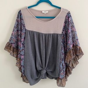 Umgee Waffle Knit Bell Ruffle Sleeve Top